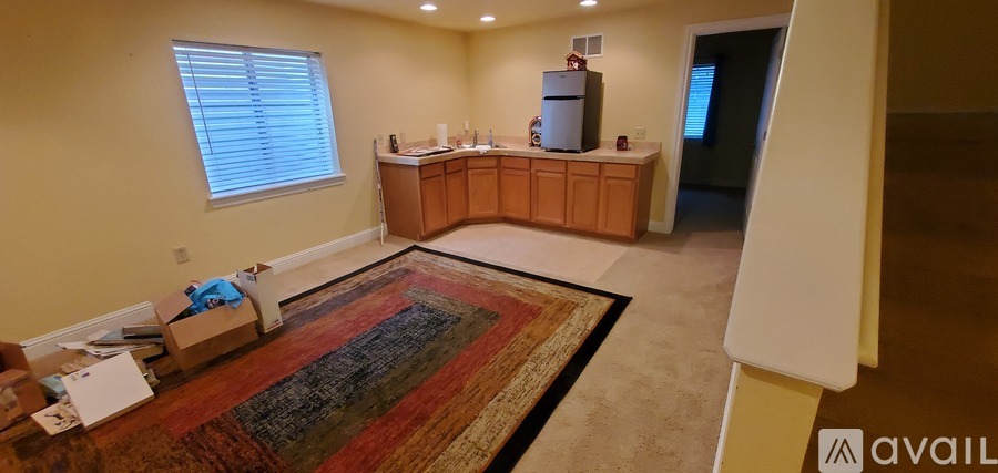 A living room with a rug and a kitchen area in the background.