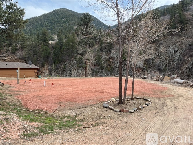 A dirt field with a small tree and a building in the background.