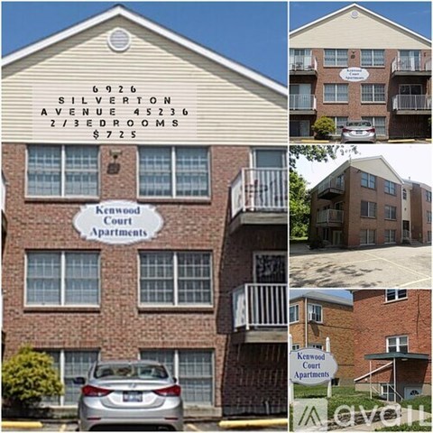 A collage of images showcasing the exterior of Kenwood Court Apartments.