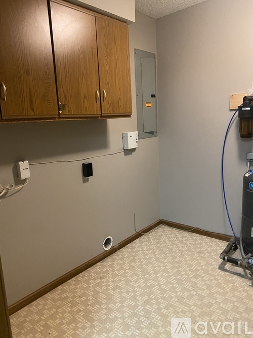 A room with wooden cabinets and a vacuum cleaner.