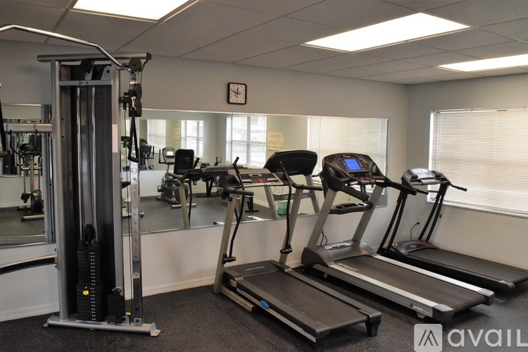 A gym with treadmills, a weight machine, and a mirror.