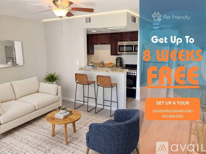 A living room with a couch, chair, and a coffee table is on sale for 8 weeks free.