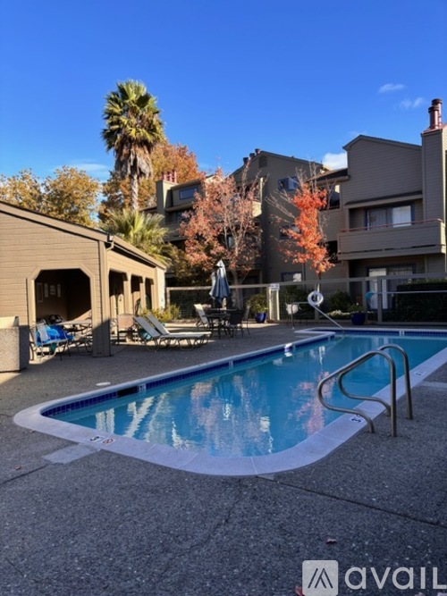 A pool with a slide in the middle of it.