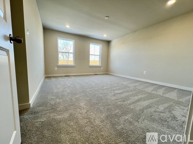 A room with carpeted floor and two windows.