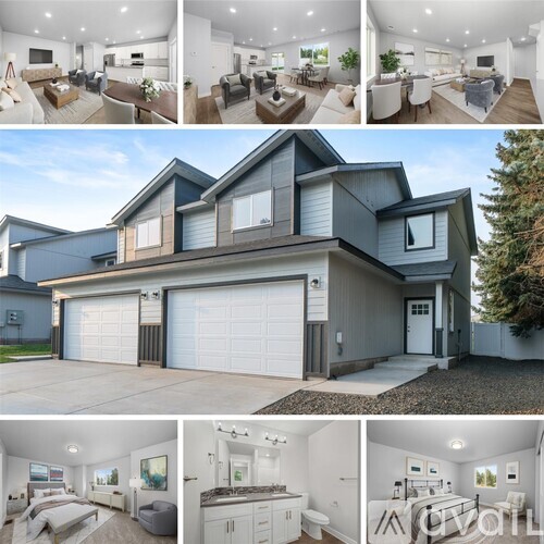 A collage of images showcasing a modern two-story house with a garage, living room, dining area, and bedrooms.