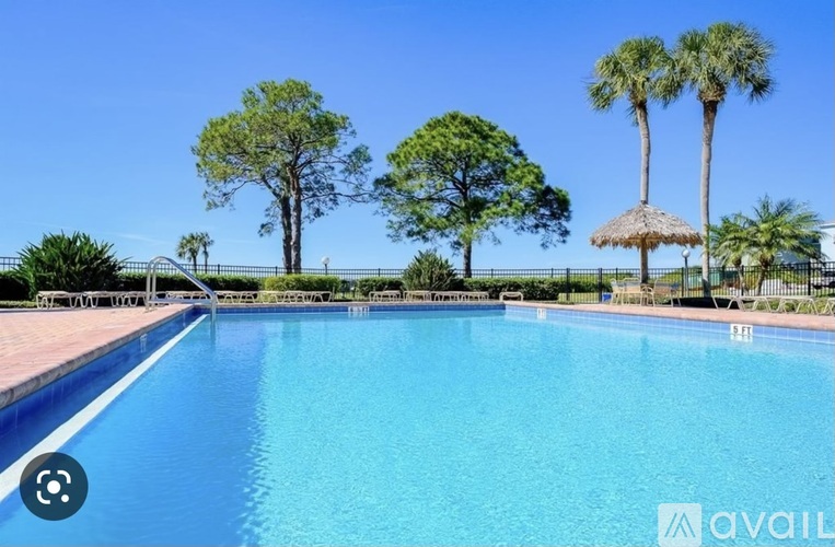 A swimming pool surrounded by trees and a fence.