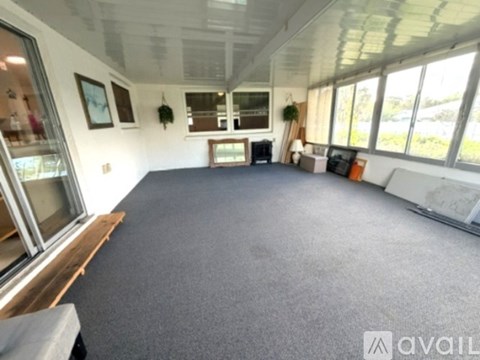 A spacious room with a grey carpet and large windows.