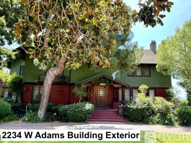 A green house with a red door and a tree in front.