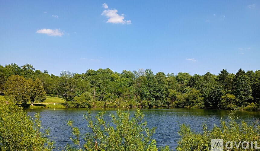 A serene landscape with a lake surrounded by lush greenery under a clear blue sky.
