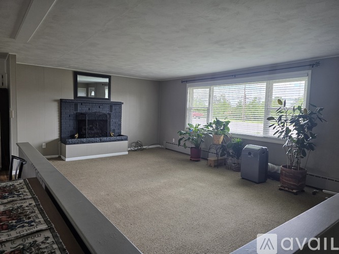 A living room with a fireplace and a rug on the floor.