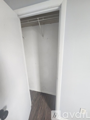 A white closet with a door open and a hanger hanging on the door.
