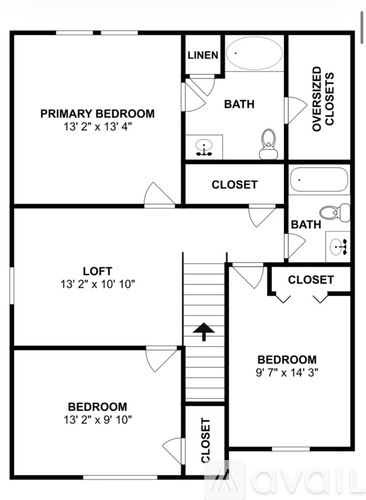 A floor plan of an apartment with a primary bedroom, a loft, and a closet.