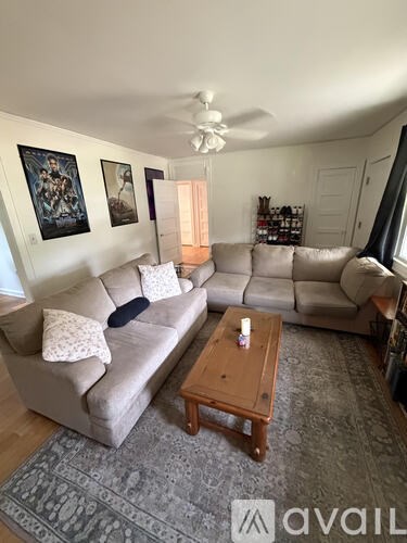 A living room with a couch, a coffee table, and a rug.