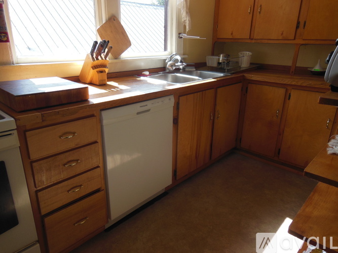 A kitchen with wooden cabinets and a white dishwasher.