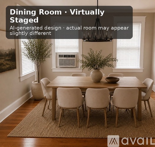 A dining room with a table set for six.