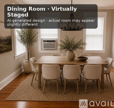 A dining room with a table set for six.