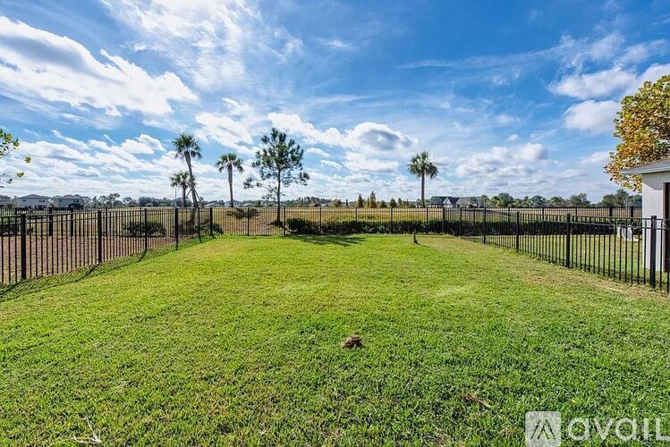 A backyard with a fence and a few trees.
