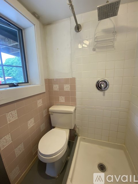 A small bathroom with a toilet and a shower.