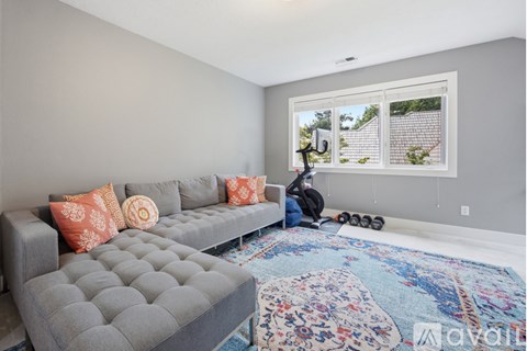 A living room with a grey couch and a blue rug.