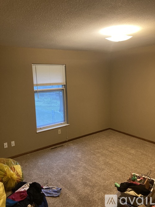 A room with a window and a carpeted floor.