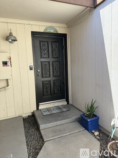 A black door with a decorative design is set in a white wall.