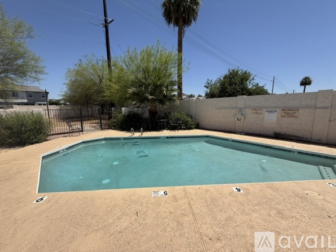 A pool surrounded by a fence and palm trees.