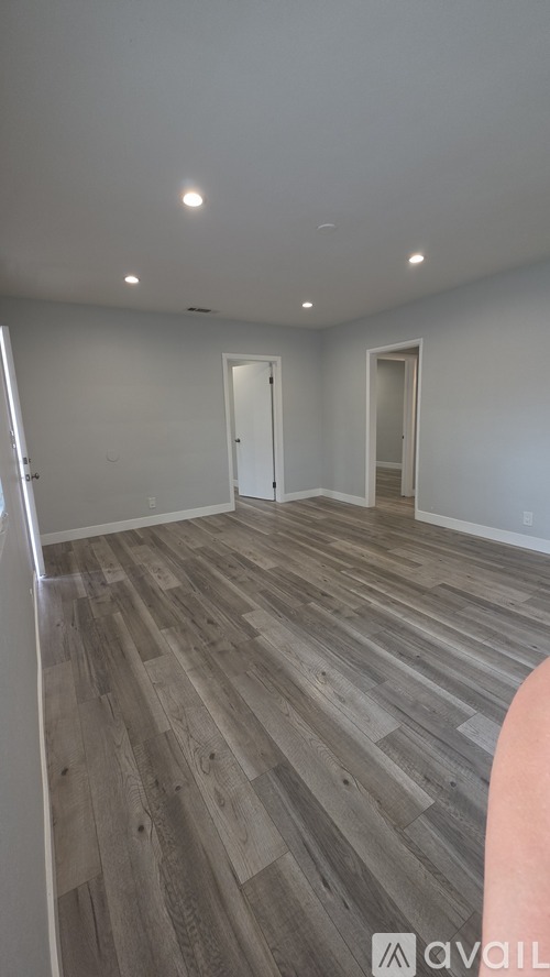 A room with wooden flooring and two doors.