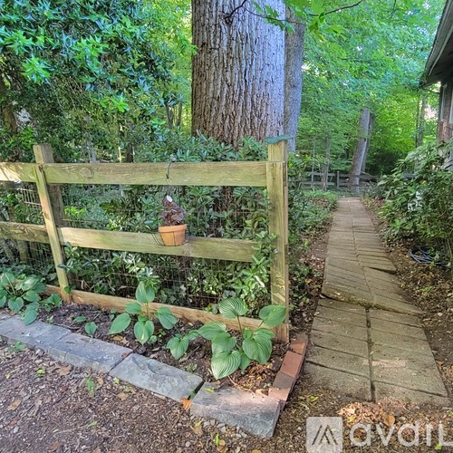 A wooden fence with a plant pot on top leads to a path in a green, leafy area.