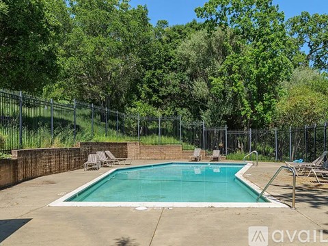 A pool surrounded by a fence and trees.