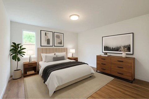 A bedroom with a large bed, a nightstand, and a dresser with a painting on top.