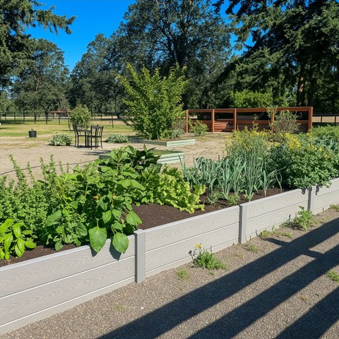 A garden with a variety of plants growing in wooden beds.