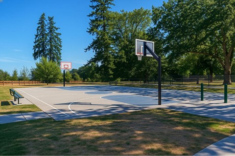 A basketball court is surrounded by trees and has a basketball hoop mounted on a pole.