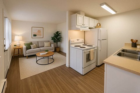 A small kitchen with a white refrigerator and a white stove top oven.