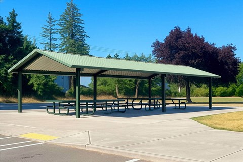 A covered picnic area with benches and a green roof.