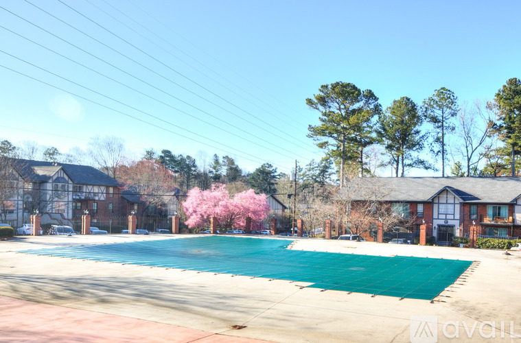 A pool surrounded by trees and houses.