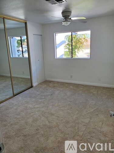 A room with a carpeted floor, a ceiling fan, and a large window with a view of a tree and a building outside.