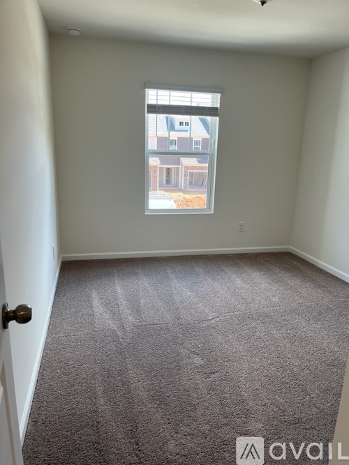 A room with a carpeted floor and a window showing a view of a building outside.