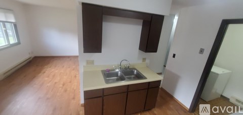 A kitchen with a sink and a mirror.