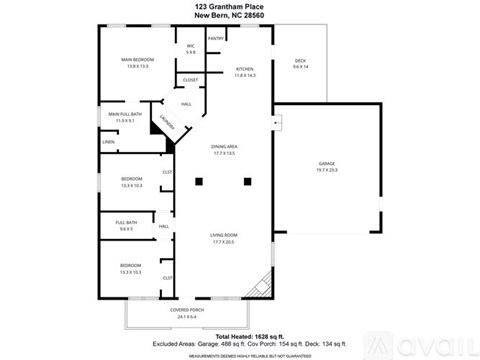 A floor plan for a house at 123 Grantham Place, New Bern, NC.