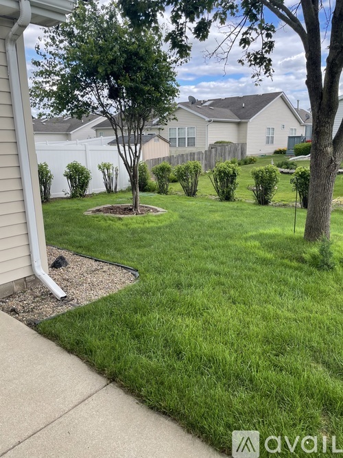 A tree in a yard with a house in the background.