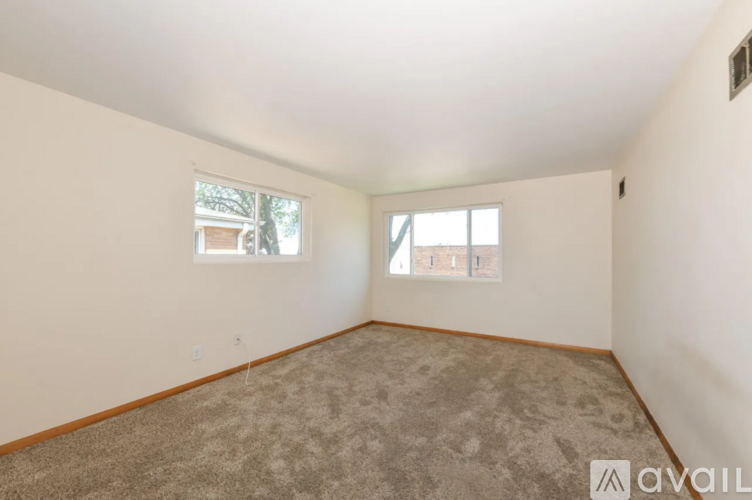 Empty room with carpeted floor and two windows.