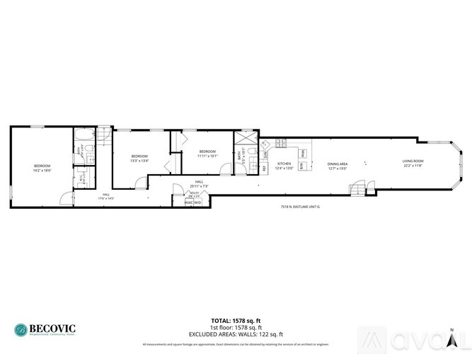 A floor plan of a building with a total area of 1575 sq.ft.
