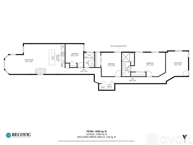 A floor plan of a 1 bedroom, 1 bathroom apartment with a total area of 620 sq. ft.