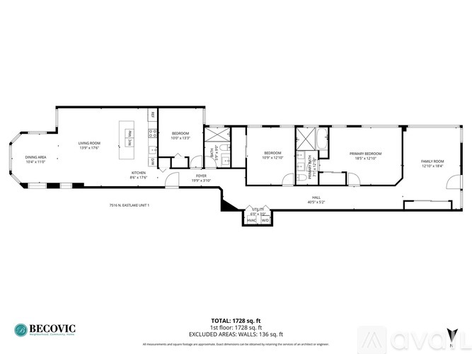 A floor plan of a building with a total area of 1728 sq.ft.