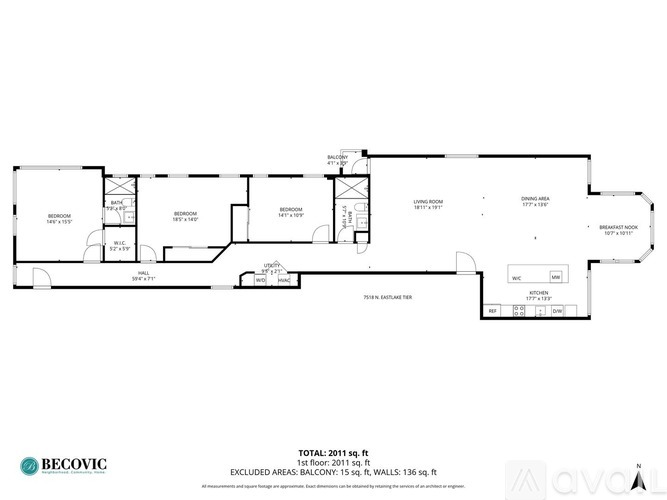 A floor plan of a building with a total area of 2215 square feet.