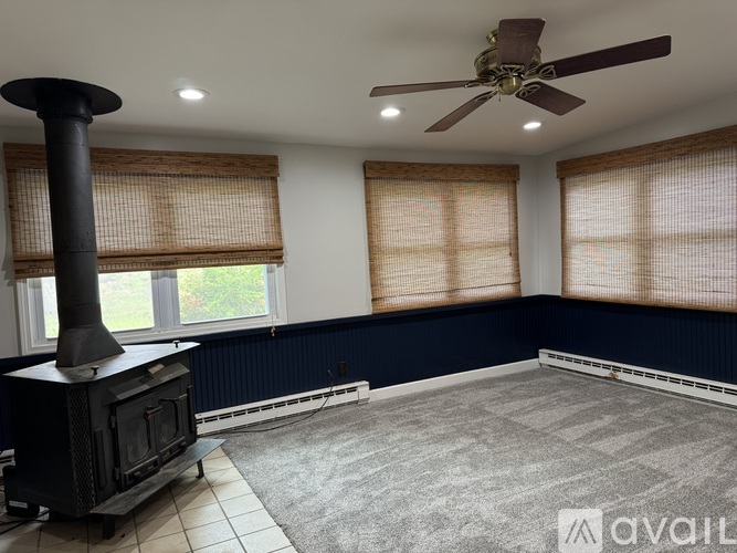 A living room with a wood stove and a ceiling fan.