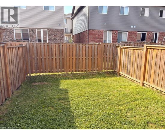 A backyard with a wooden fence and green grass.
