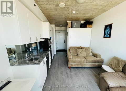 A living room with a couch, a chair, and a kitchen area with a sink and cabinets.