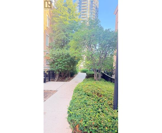 A sidewalk with green bushes and trees on the side of a building.