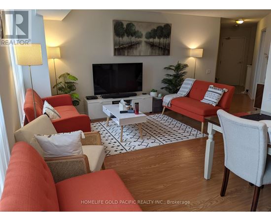 A living room with a television, red couches, and a coffee table.